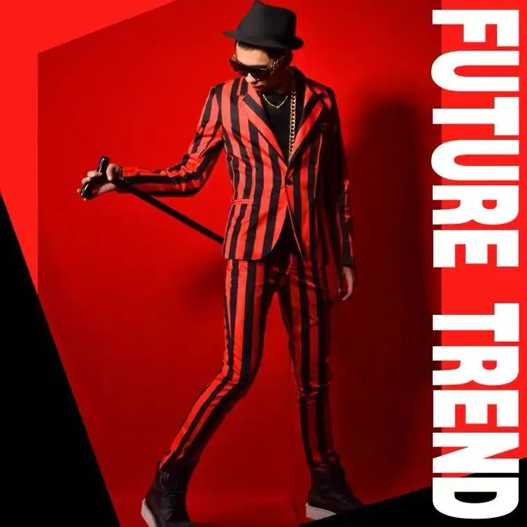 Red Black Striped Suit Nightclub Male Singer DSDJ Dance Stage Song Companion Bar Performance Clothing Party Host Magician