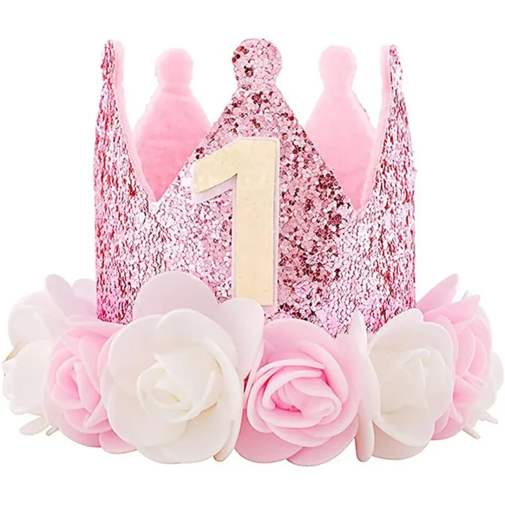 Rosa bianco rosa 1 anno cappello corona Happy Princess Birthday Decor Kid Baby Girl 1st Hat compleanno Photo Props Hat dell\'elemento riscaldante