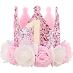 Rosa bianco rosa 1 anno cappello corona Happy Princess Birthday Decor Kid Baby Girl 1st Hat compleanno Photo Props Hat dell'elemento riscaldante