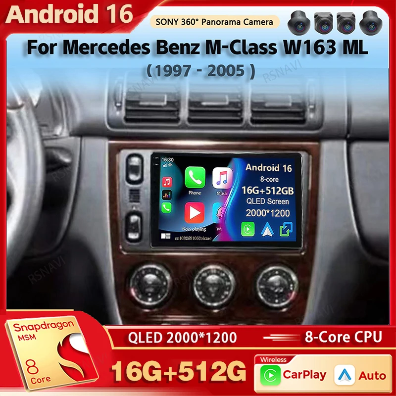 Android 16 Car Radio Multimedia Player For Mercedes Benz M-Class W163 ML 1997 - 2005 Auto Carplay Car Stereo wifi+4G Ai voice BT