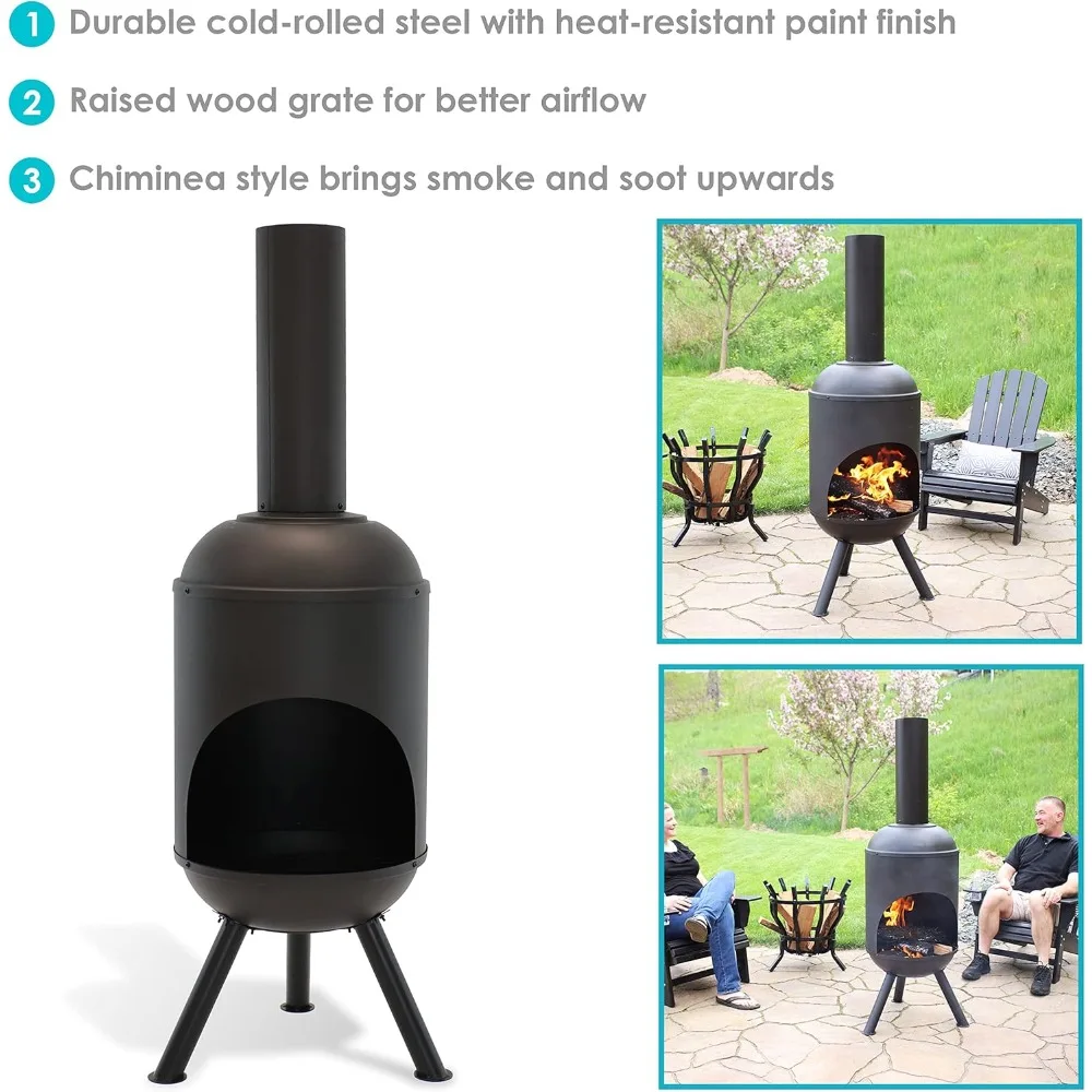 5-Foot Black Cold-Rolled Steel Modern Chiminea with Durable Wood Grate - Heat-Resistant Paint Finish,Black