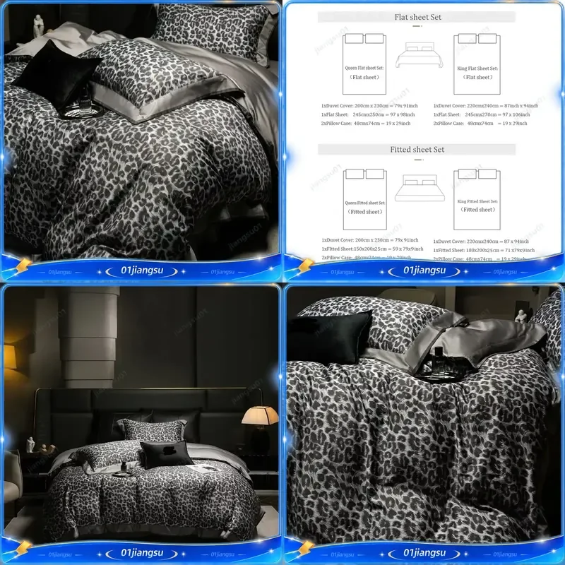 Luxury 1000TC Egyptian Cotton Bedding Set Queen King Size Grey Leopard Print Duvet Cover Flat Fitted Sheet Pillowcases Home