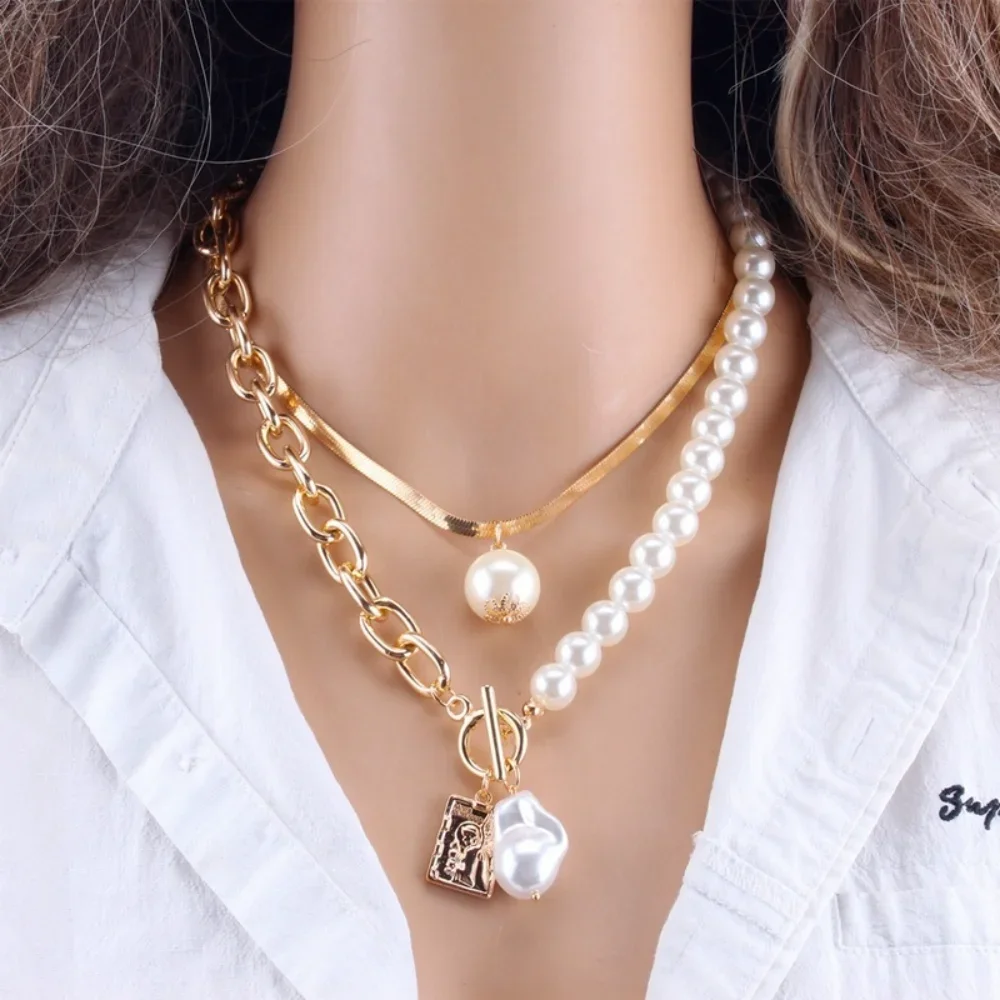 

Fashion 2 Layers Pearls Geometric Pendants Necklaces for Women Gold Color Metal Snake Chain Necklace Choker Jewelry Gift