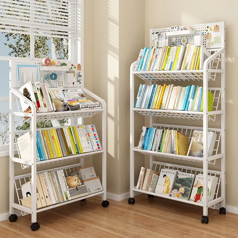 Living Room Magazine Iron Bookcase Floor Standing Multi-Layer Bookshelf Movable Storage Organizer Wheels Books Toys Furniture