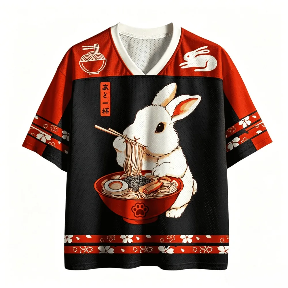 Japanisches süßes Kaninchen, das Ramen isst, 3D-Druck, atmungsaktiv, schnell trocknend, Herren-T-Shirt mit V-Ausschnitt, Übergröße, Streetwear, Y2K, Eltern-Kind-Kleidung – Detail 4
