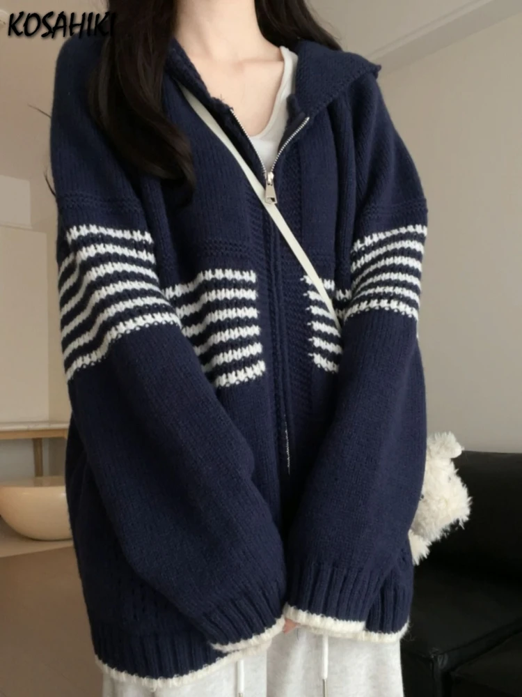 Autumn Y2k Aesthetic Stripe Hoodes Cardigans Women Casual Zipper Vintage Knitwear Harajuku Ladies Loose Grunge Pocket Sweater