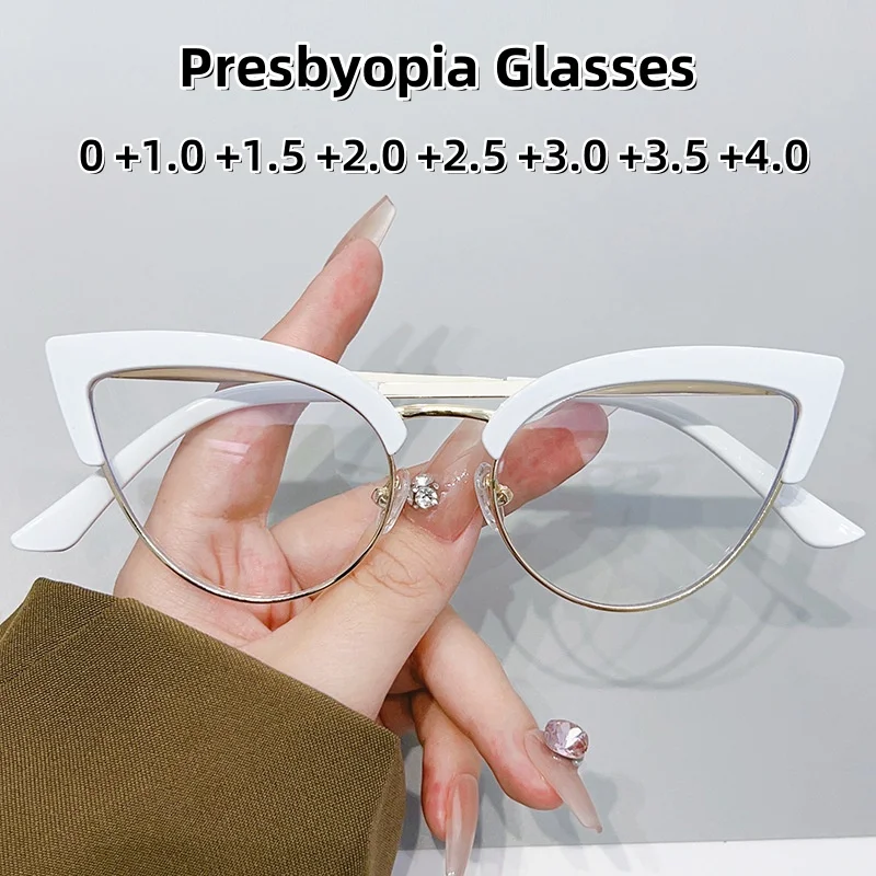 

Women's New Cat Eye Presbyopia Glasses Fashionable and Personalized Large Frame Metal Anti Blue Light Glasses Diopter To +4.0