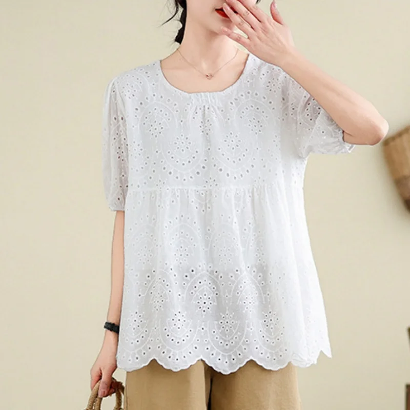 NewSummer White Short Sleeve Lace Blouse for Women Embroidery Hollow Out Shirt Puff Sleeve Tops Round Collar Clothes