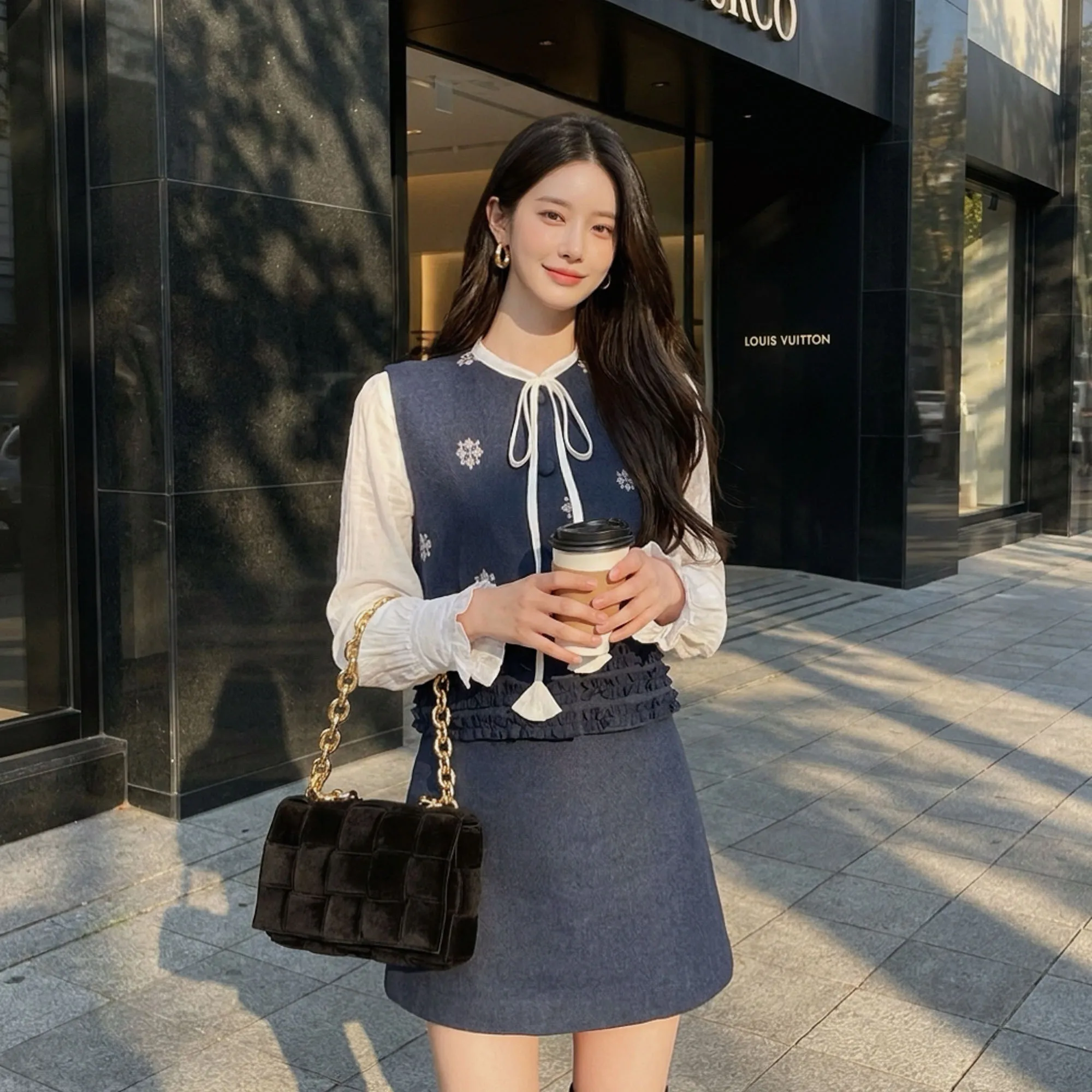 Fall Women Skirt Suits Dark Blue Sleeveless Top Long Sleeve Shirt Slim Fit Pleated Short Skirt Outfit Ensemble Femme DM3CSJ003