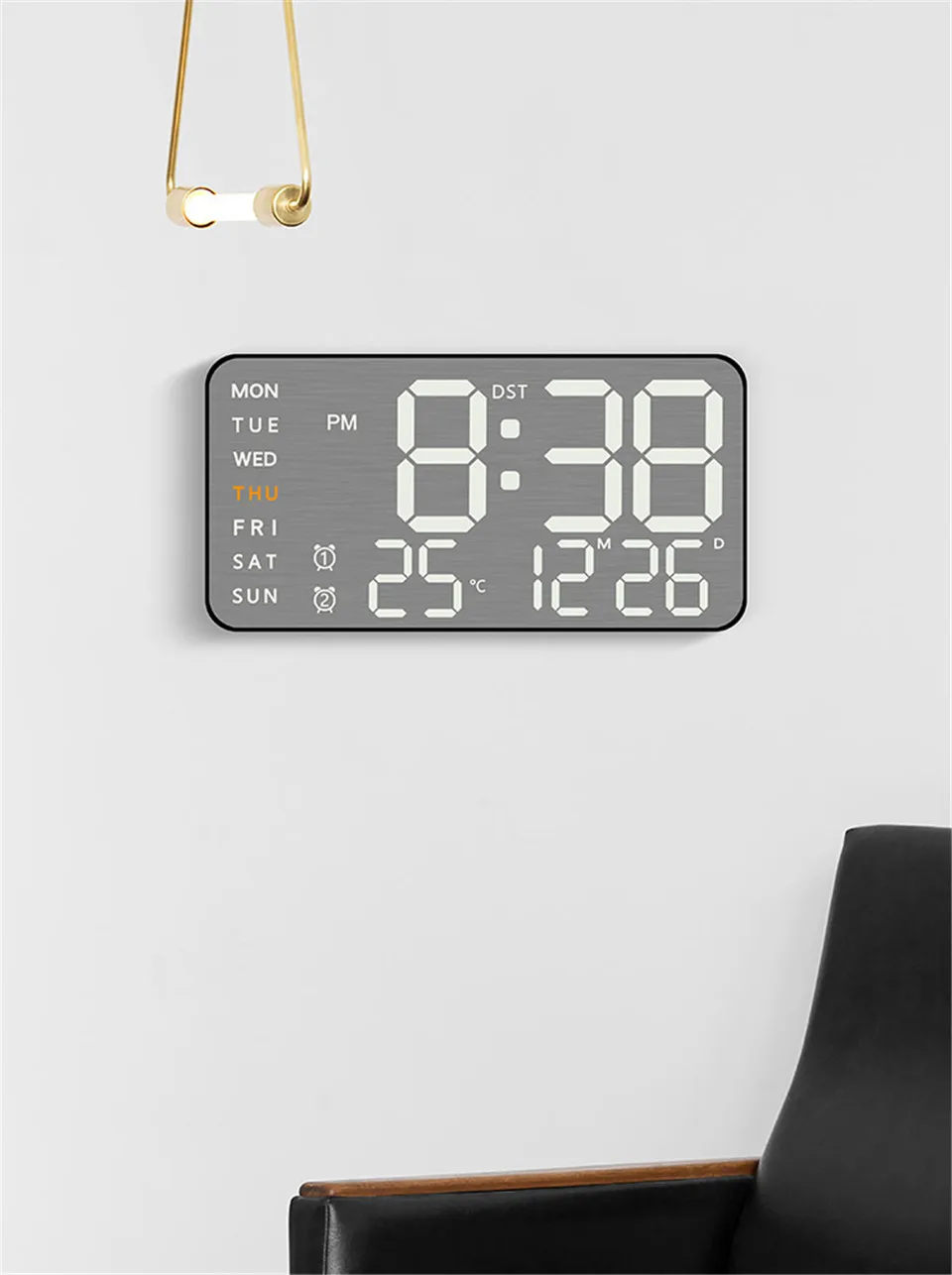 Wanduhr mit Spiegel-Bürsten-Finish, Premium-Gefühl, geräuschlos, Wanduhr, Tischwecker, Temperaturanzeige, Schlafzimmer, Büro, Wohnzimmer, Dekoration – Detail 12