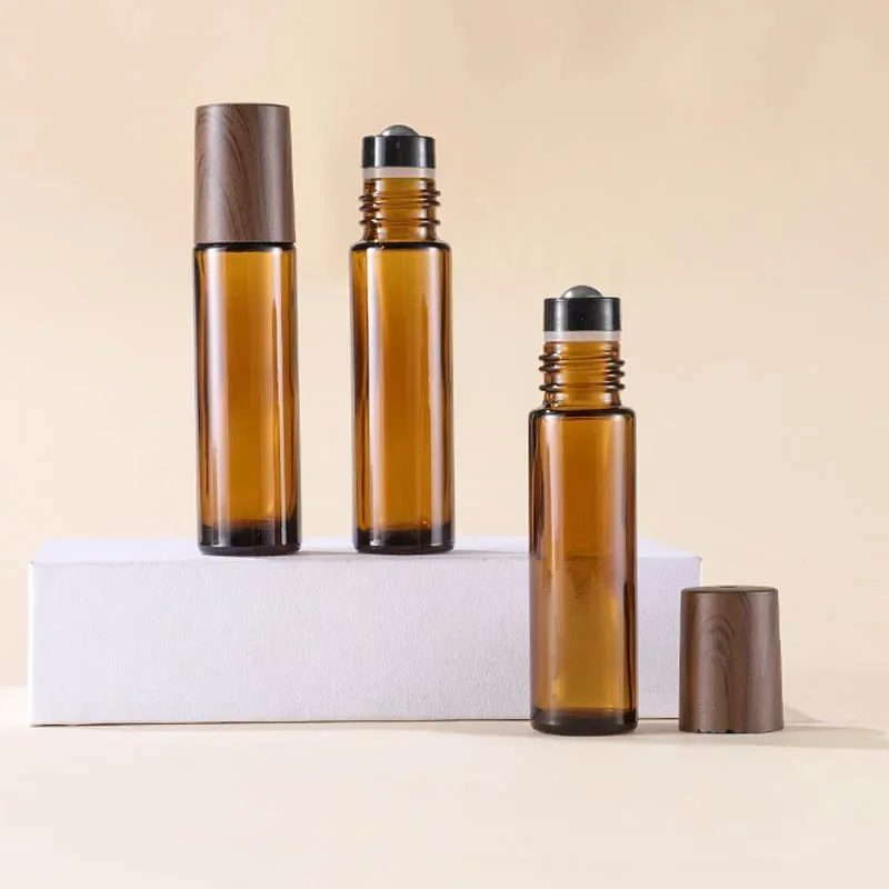 20 pezzi 5/10/15ml bottiglie a rullo in vetro marrone con coperchi per venature del legno contenitori essenziali per olio riutilizzabili accessori da viaggio portatili