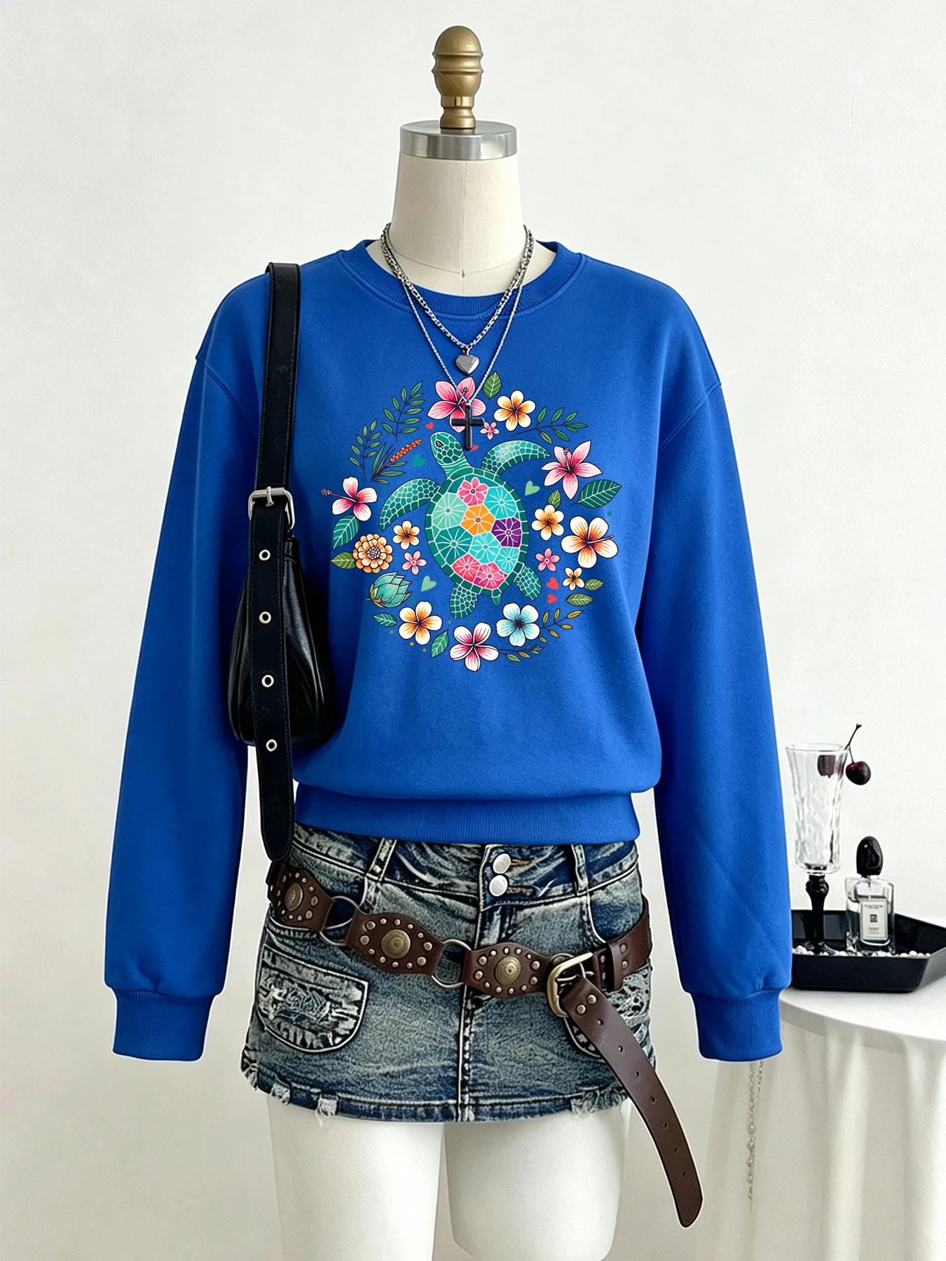 Sea Turtle Tropical Hibiscus Flowers Print Women'S Sweatshirt Fleece Jogging Streetwear Autumn Clothes Y2K O-Neck Pullover