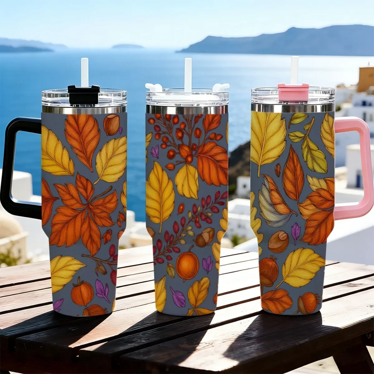 40oz Autumn Maple Leaf Acorn Pumpkin Berries Gray Background Print Stainless Steel Tumbler With Handle Straw Lid 24 Hours Cold Insulated Travel Water Cup
