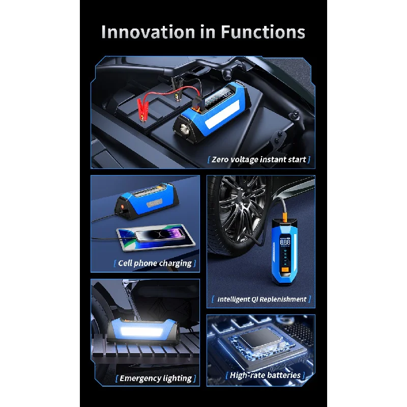 Emergency Car Jump Starter Device Pack Light With Air Pump Electric Portable Power Bank Tire Capacitor Booster