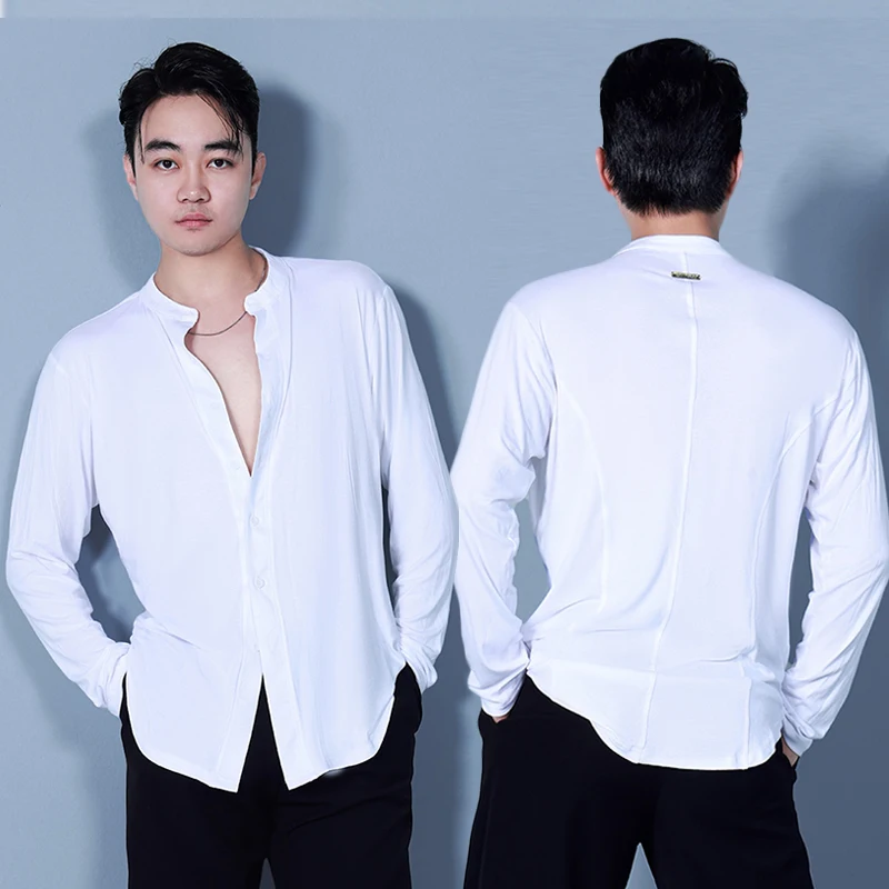 

Мужские топы для латинских танцев с длинными рукавами, рубашка для выступлений на танго, белые свободные рубашки, черная одежда для танцевальных соревнований VDL1323