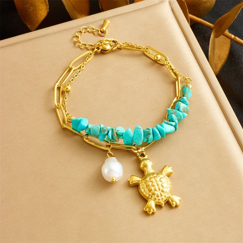 MEYRROYU-pulsera con colgante de tortuga para niña, cadena de mano de acero inoxidable 316L, Perla turquesa, Color dorado, nueva tendencia concisa, regalo de joyería