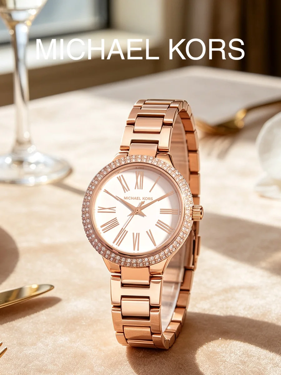 Michael Kors Ladies Quartz Watch Rose Gold Stainless Steel Bracelet Crystal Bezel Roman Numeral Dial for Party Birthday Gift