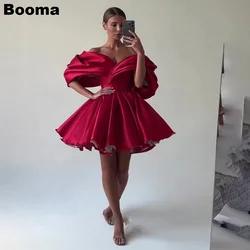 Booma Red Stain Mini Prom Dresses Off Shoulder Pleat Lace Up Ball Gowns A Line Homecoming Cocktail Dresses Celebrate Prom Gown