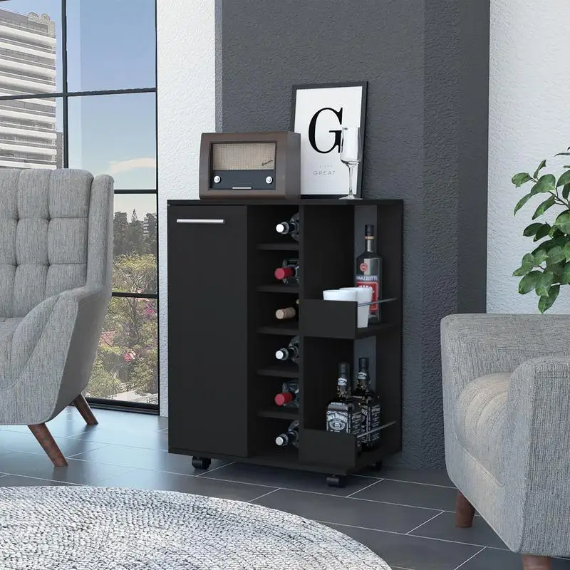 Tennessee Bar Cart with Cabinet, Divided Storage, 6 Liquor Cubbies, 2 Shelves, Perfect for Home Entertainment and Organization