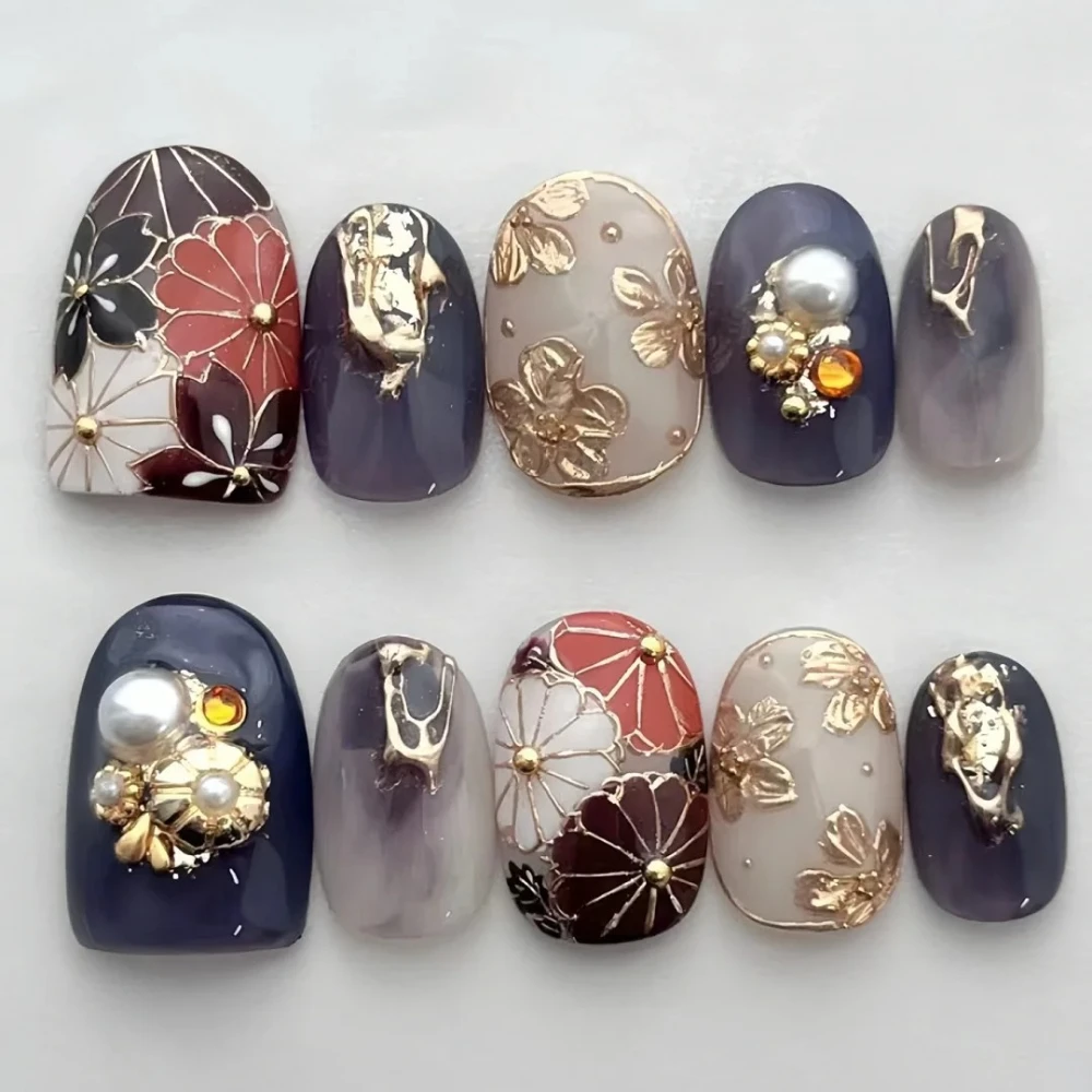 10 Pcs Handmade Press On Nails New Luxury Flowers 3D Limited Medium Oval False Nails Design Art DIY Nails with Set uñas postizas