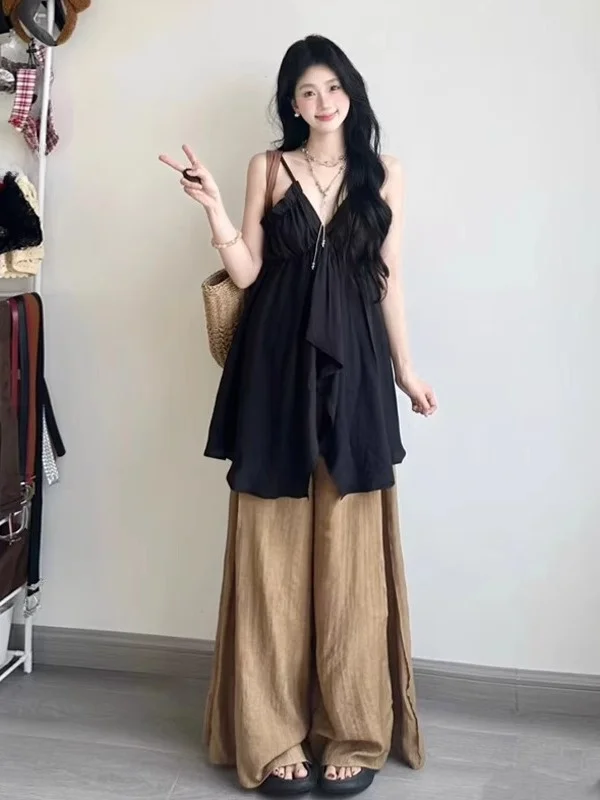 

Summer New High Waist Wide Leg Pants Two-Piece Set Irregular V-Neck Sleeveless Strap Top Women's Fashion Commute Style
