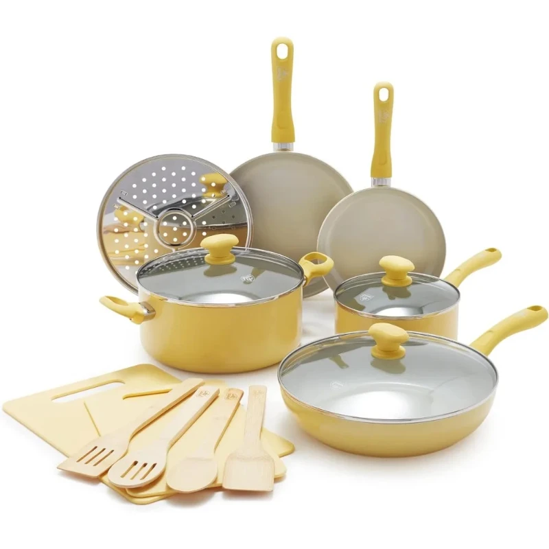 

Healthy Ceramic Nonstick, 15 Piece Kitchen Cookware Pots And Frying Sauce Pans Set, PFAS- Free, Dishwasher Safe,Yellow