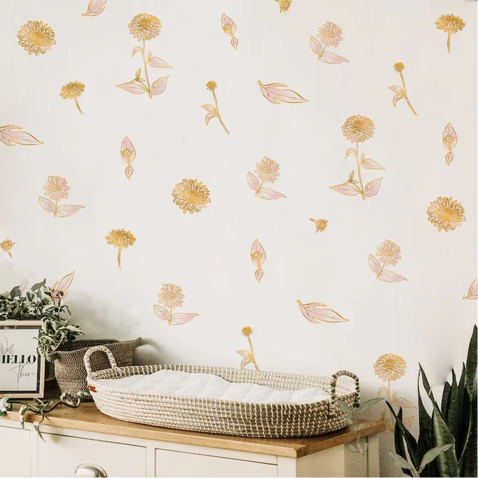 

Boho Golden Leaves Flowers Hand Drawn Wall Stickers Vinyl Nursery Removable Wall Decals for Kids Room Living Room Home Decor