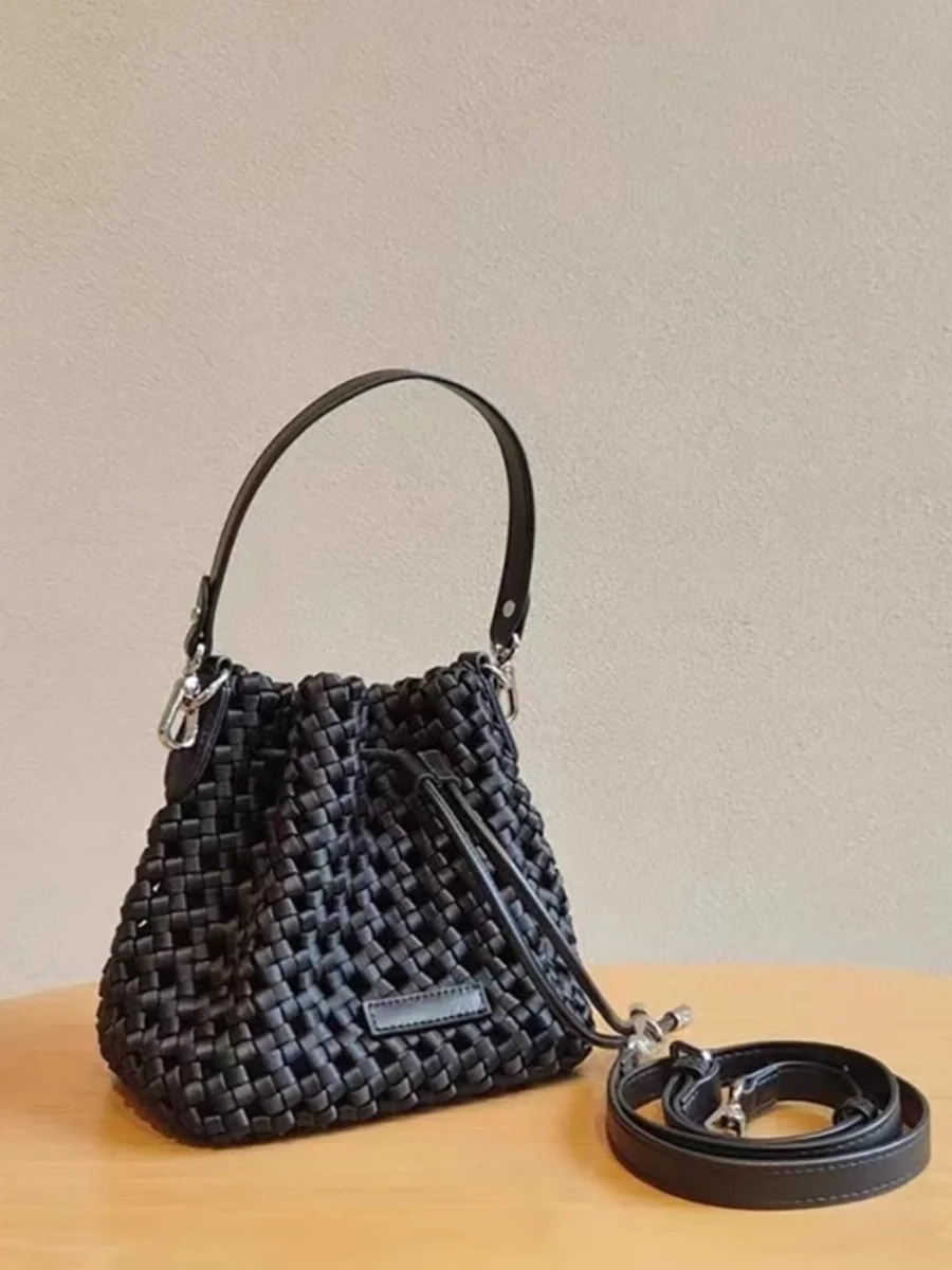 Handwoven Bucket Bag Simple Fashionable Versatile Single Shoulder Crossbody Retro Bag Pure Color Braid Closure Daily Use