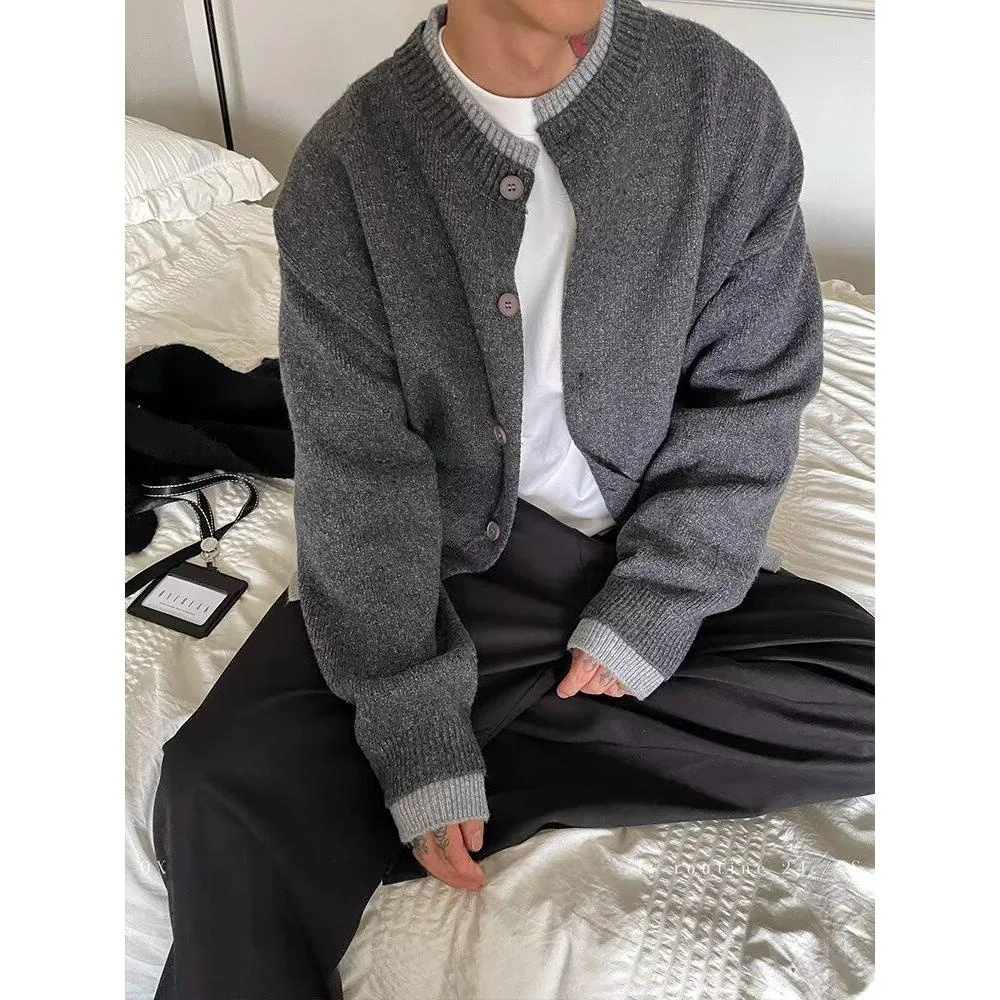 

Men's Retro round Ne Woolen Open Cardigan Loose Casual Knitted Sweater Autumn Winter High-End Feeling Woolen Jaet