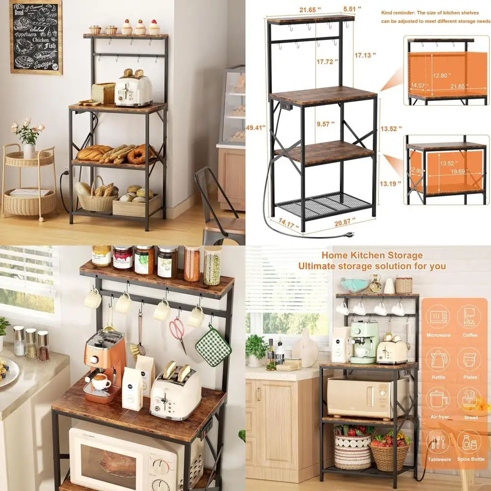 

Rustic Brown 4-Tier Coffee Cart with Power Outlet and Microwave Stand Featuring 8 S Hooks and Adjustable Storage