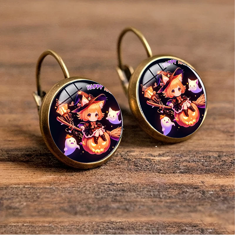 Vintage Antik Bronze vergoldet Kürbis Hexe Geist Cabochon Glas Ohrringe für Frauen Halloween Schmuck