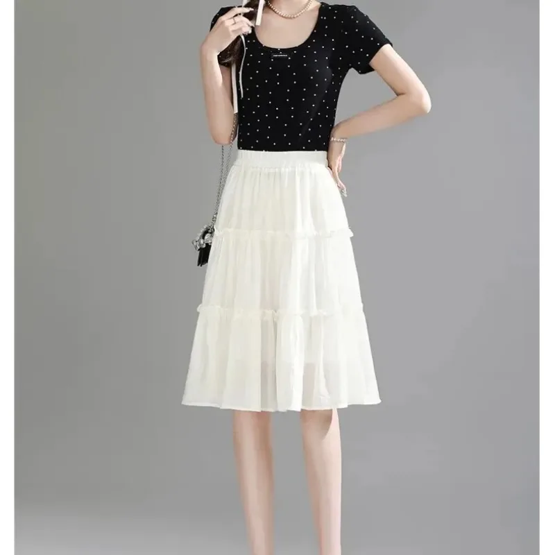Women Thin Cake Midi Skirt Spring Summer High Waist Elastic Waist Versatile Slim Skirt For Petite Figure
