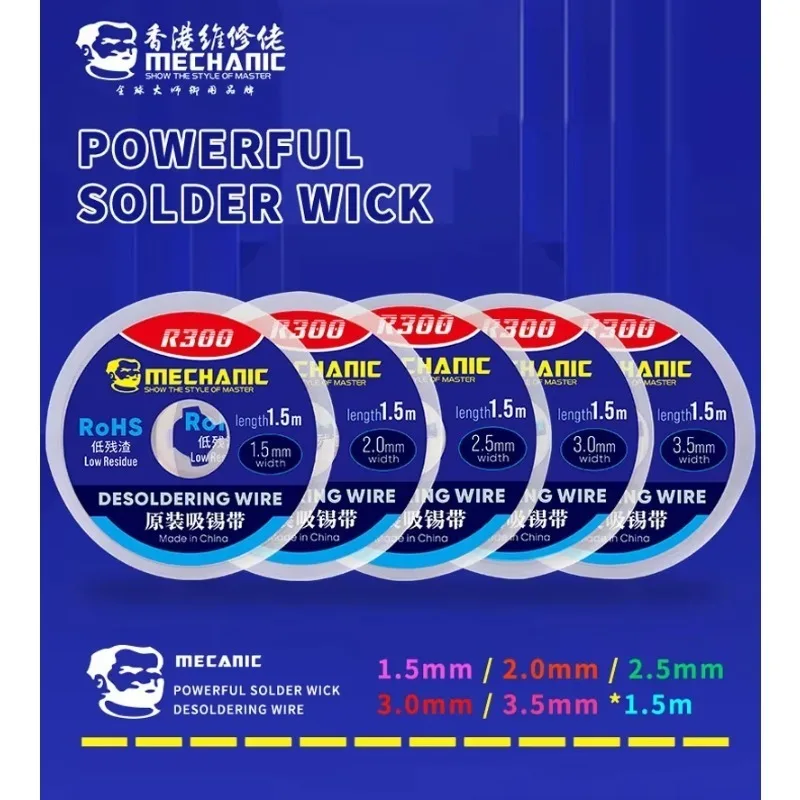 1.0/1.5/2.0/2.5/3.0/3.5/4.0MM 1.5M Solder Wick Remover MECHANIC R300 Desoldering Wire Line for Phone Desoldering Braid Tool