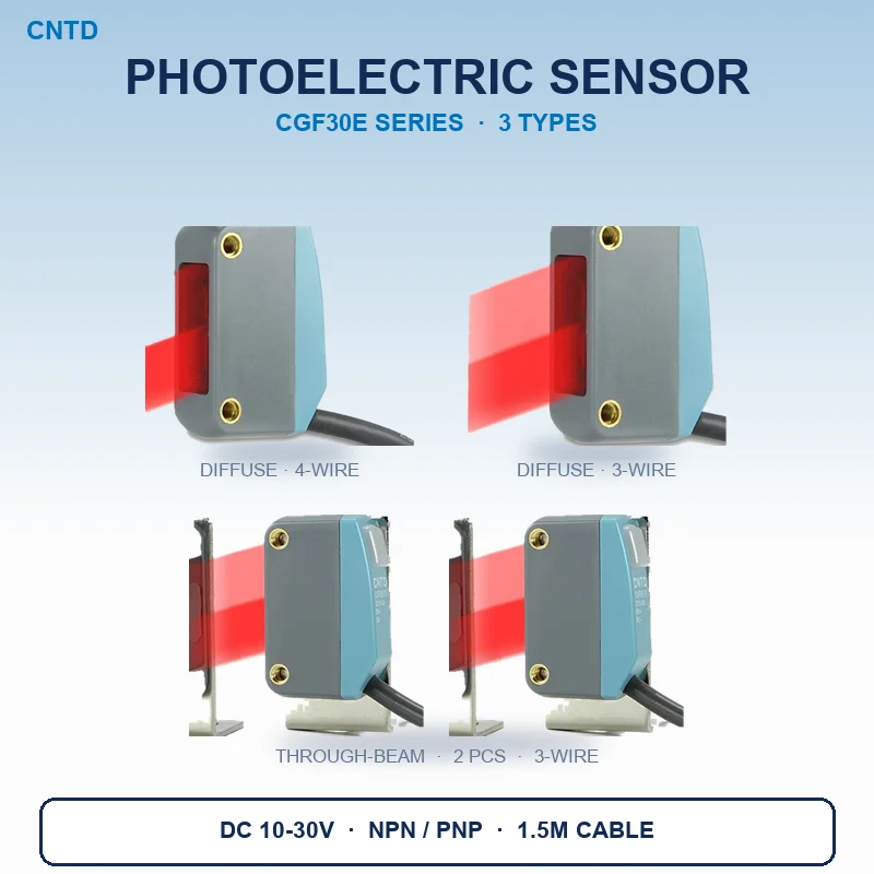CNTD Photoelectric Sensor Switch CGF Series Diffuse Reflection Through Beam 10-30V NPN PNP NO NC IP67 Industrial Optical Sensor