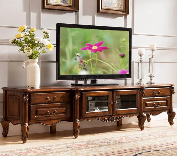 

LHigh-end American-style Solid Wood TV Cabinet Living Room Vintage European-style TV Floor Cabinet Dark Color