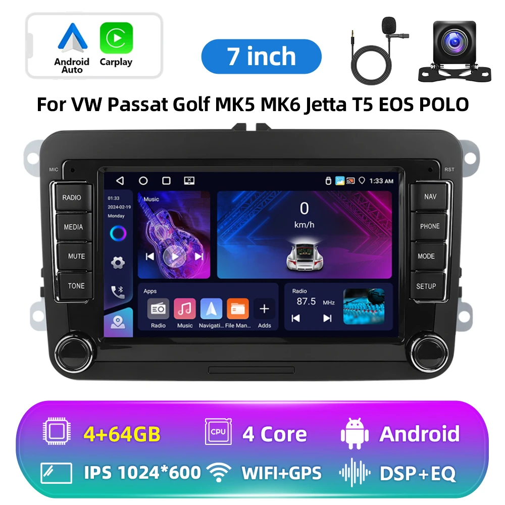 Podofo 6+128G Android 2Din autoradio met Carplay, Android Auto, GPS, FM-ontvanger, AI-stem, DSP voor VW, Seat, Skoda, PASSAT, GOLF