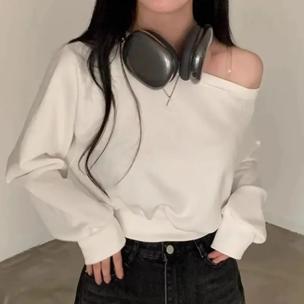 

Chic Retro Long Sleeve T Shirt Loose Casual Off Shoulder Blouse Solid Color Stylish Autumn Hoodie Crop Top Female