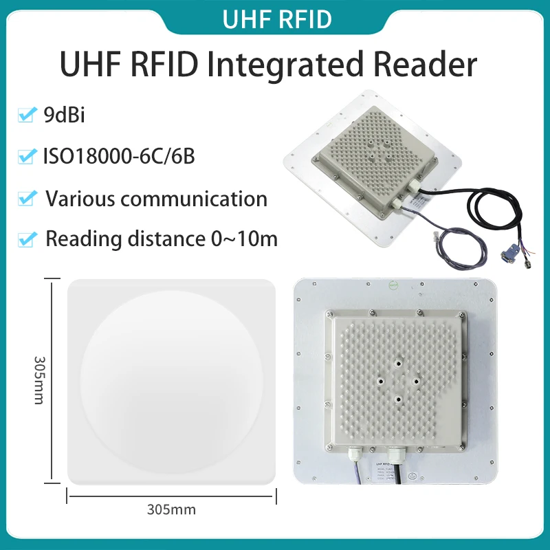 9dbi Long Range UHF RFID Reader 0~10m Passive 9dbi Antenna 860-960mhz Integrated Reader Writer with RS232 & Wiegand and SDK