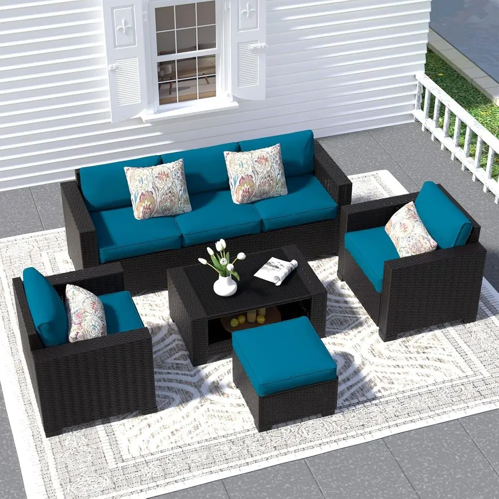 

7-местный плетеный садовый комплект мебели для патио с чехлами для подушек и стеклянным столом