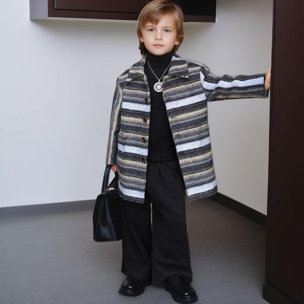 

Boys Winter Tweed Coat Color-Block Striped Long Wool Blend Jacket Trendy Casual Warm Teen Kids Outerwear Boy Mid-Length Overcoat