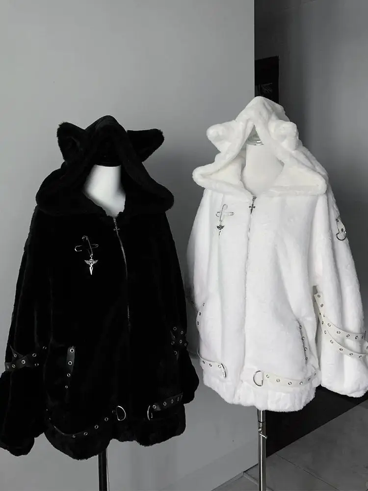 2025 Winter New Japanese Cat Ears Hooded Overcoat Women Darkly Punk Lint Loose Zipper Coat Female Warm Design Lovely Wool Coat