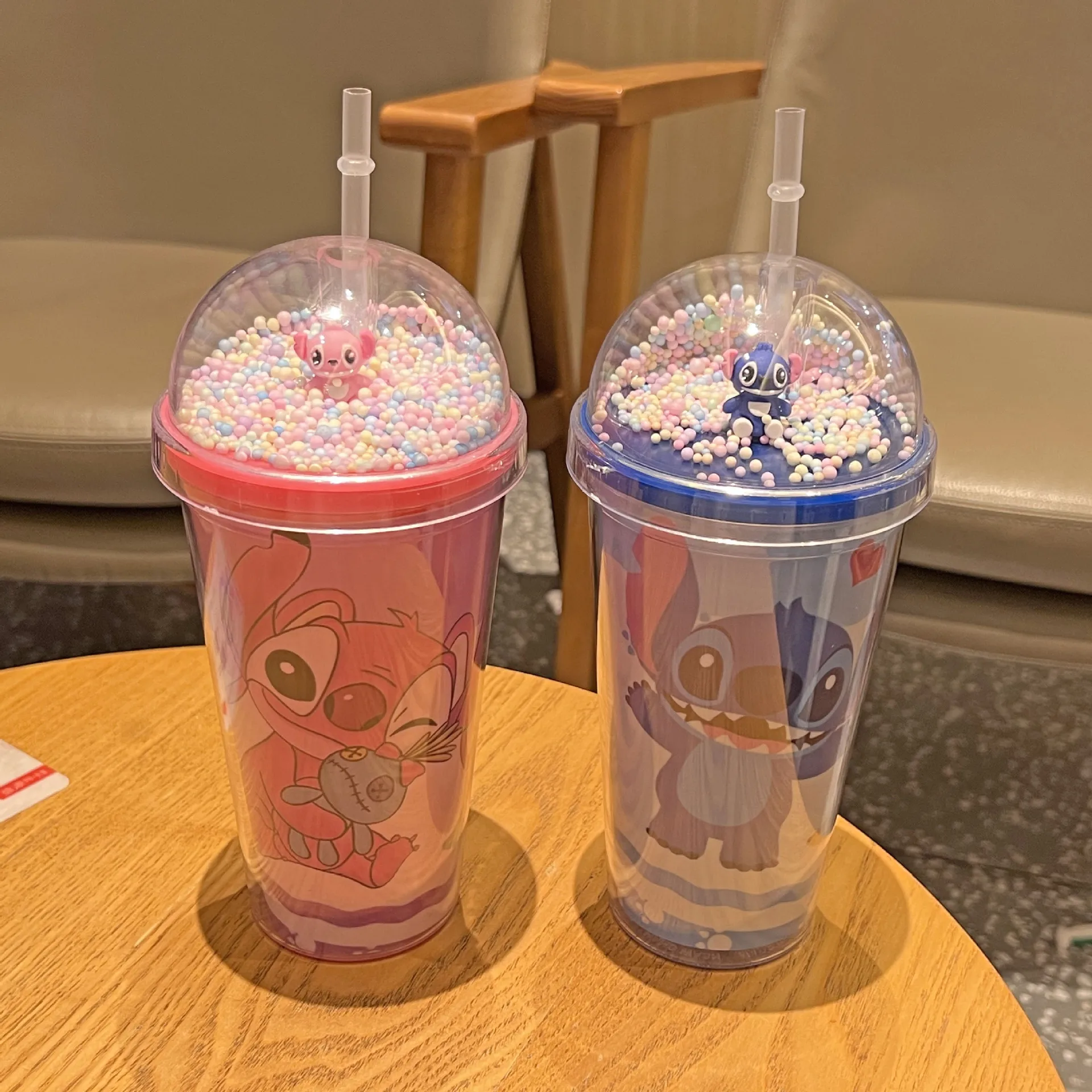 450ML Disney Lilo & Stitch Double Layer Plastic Water Cup With Straw Portable Creative Gift Mug For Milk Coffee Tea Handy Cup