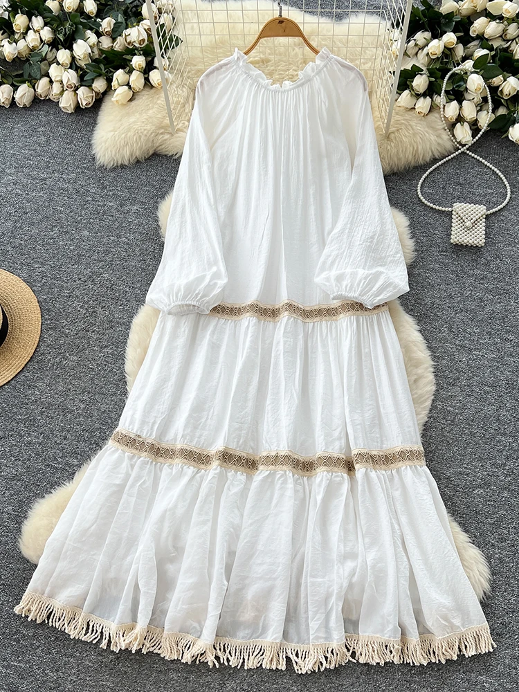 Spring Autumn Women\'s Vacation Long Sleeved Dress Bohemian Retro Loose A-line Large Swing Tassel Long Dress D46