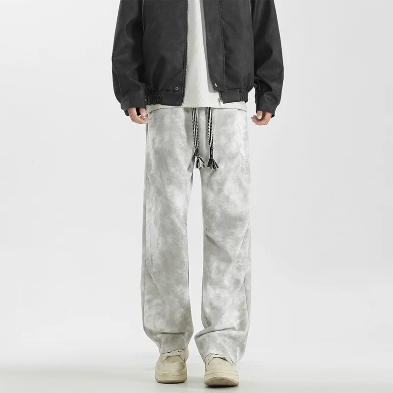 

Korean Trend Tie-Dyed Pants Man Fashion Slimming Pocket Drawstring Straight Pants Spring Autumn Y2K Popular Black Trousers Men