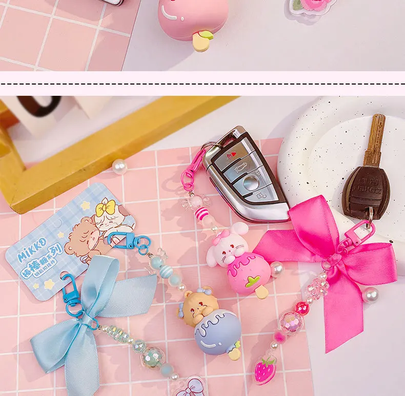 Cartoon Mikko Lutscher Perlen Schlüsselanhänger Kawaii Candy Farbe Kaninchen Katze Tier Rucksack Telefon Zarter Anhänger Schlüsselanhänger für Frauen Mädchen – Detail 7