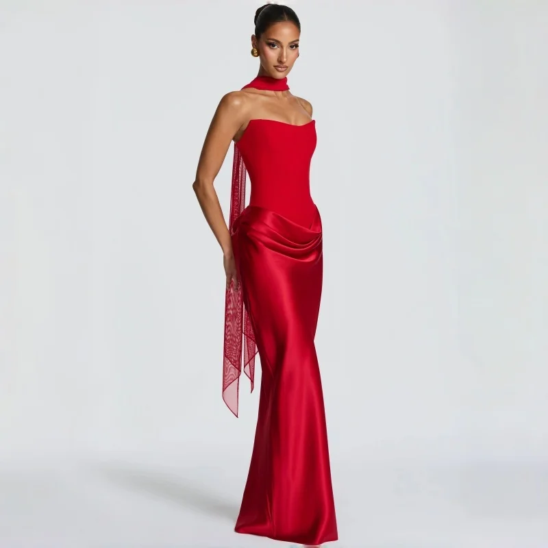 Women's Formal Evening Gowns Satin Panel Strapless Mermaid Evening Gown Floor Length Backless Maxi Dress Customizable