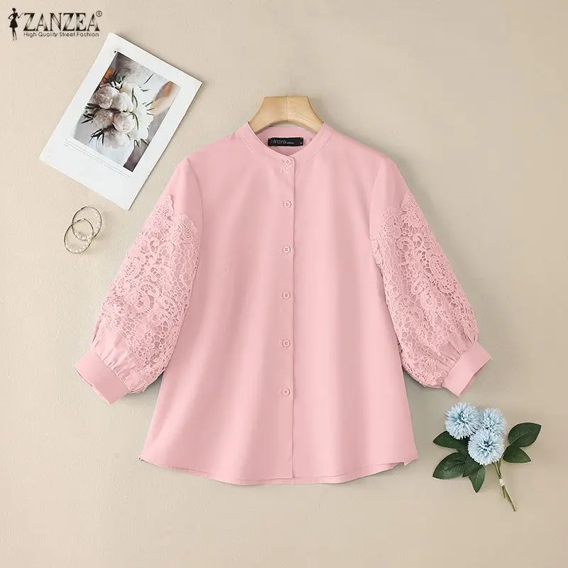

Женская стильная блузка ZANZEA с рукавами-фонариками 3/4, весенняя, с кружевными вставками, повседневная, однотонная, на пуговицах, с вышивкой