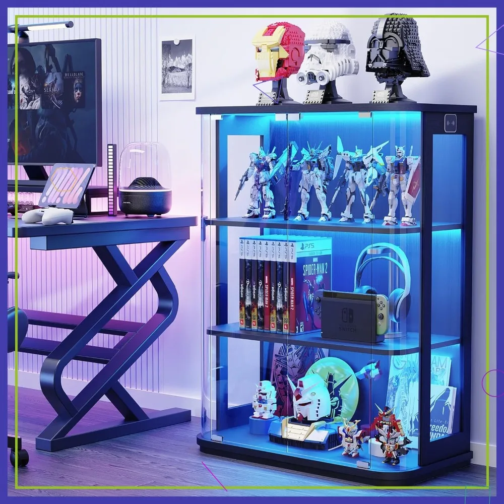 3-stöckige Glasvitrine mit LED-Beleuchtung & Bewegungssensor, Sammlervitrine für Kuriositäten, Schwarz