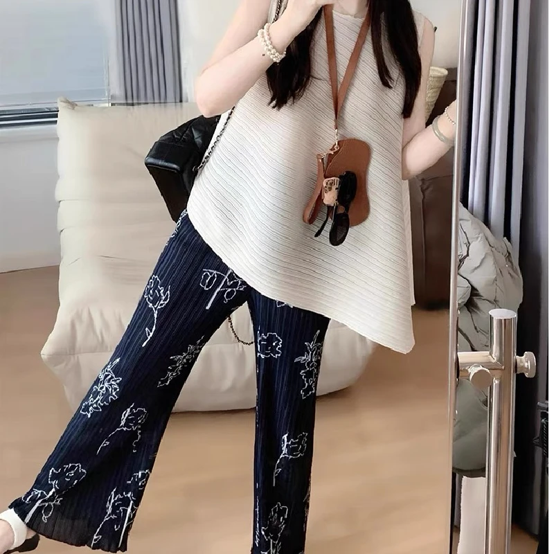 

Asymmetrical Sleeveless Design Vest Women Summer Drapey Pants Two-Piece Set High Waist Straight Leg Polyester Fiber Loose Fit