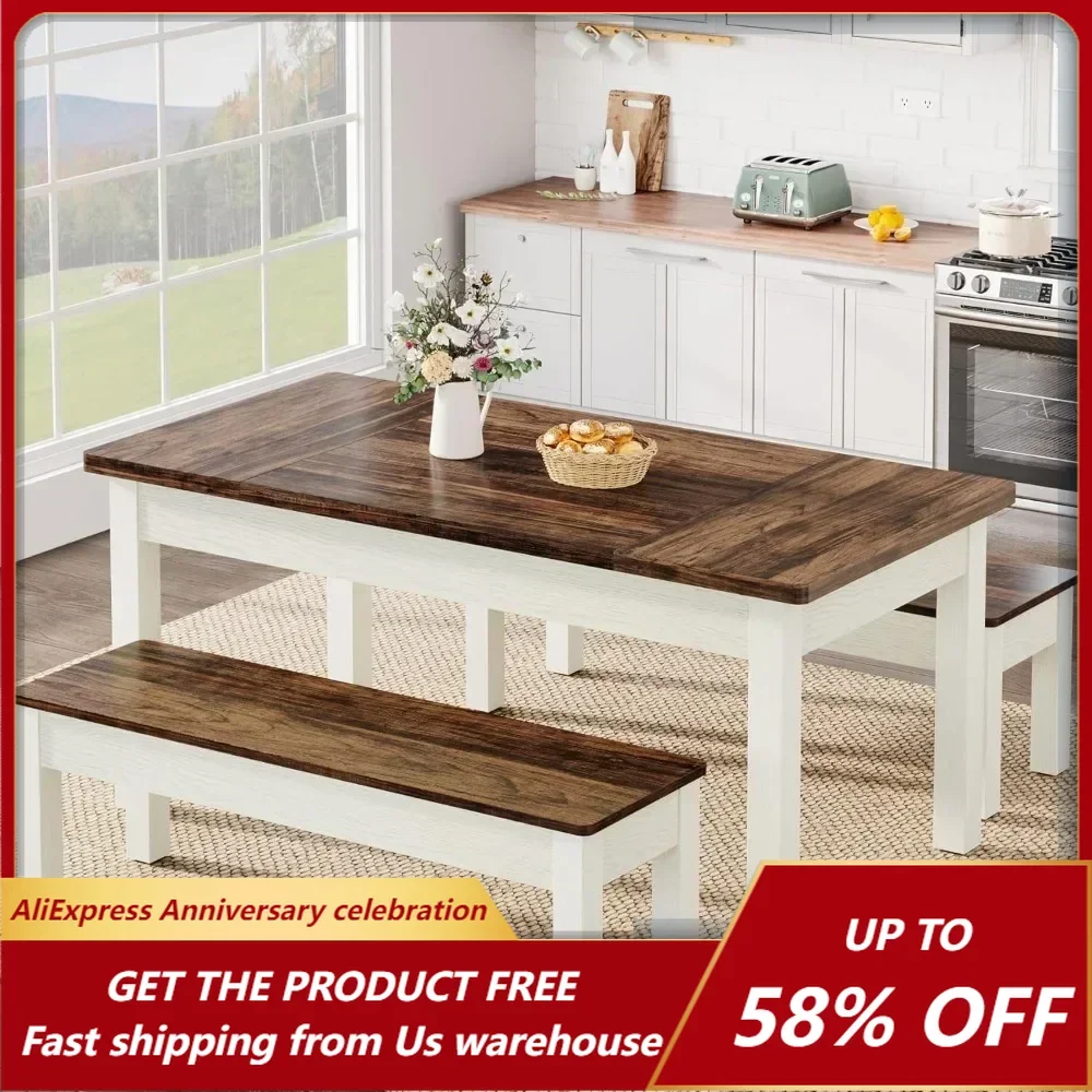 3 Pieces Dining Table Set with 2 Benches, 55-Inch Wood Kitchen Table Set for 4-6, Space-Saving Dinette, Dining Room Sets